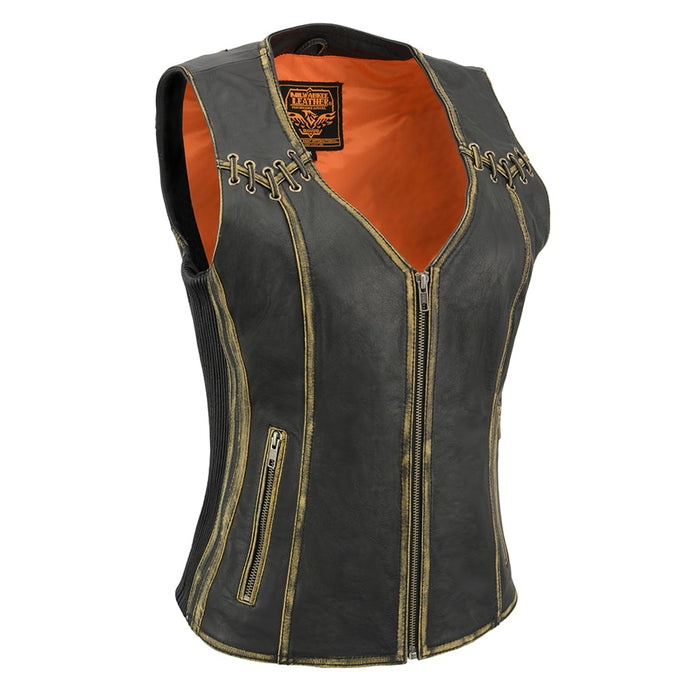 Women Distressed Brown Leather Vest with Lace & Star Accents