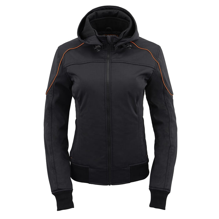 Women Soft Shell Armored Racing Style Jacket with Detachable Hood