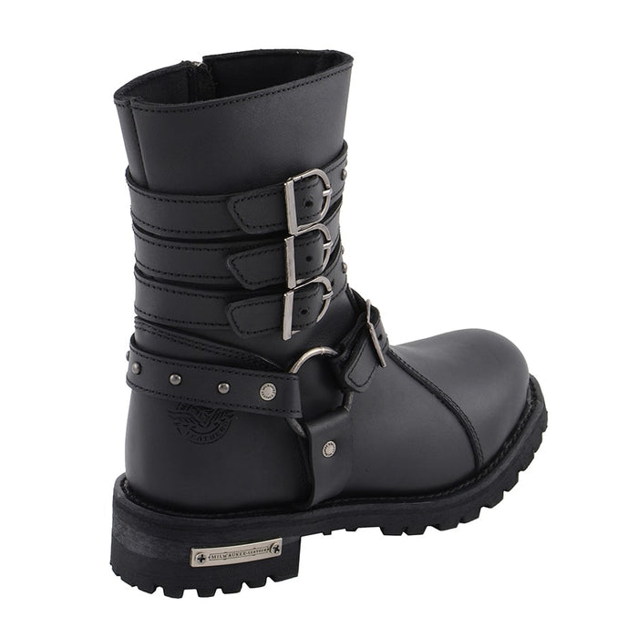 Women’s 9” Triple Buckle Leather Harness Boot W/ Side Zipper Entry