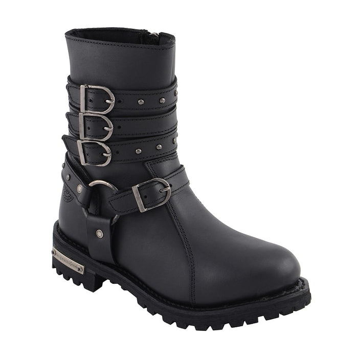 Women’s 9” Triple Buckle Leather Harness Boot W/ Side Zipper Entry