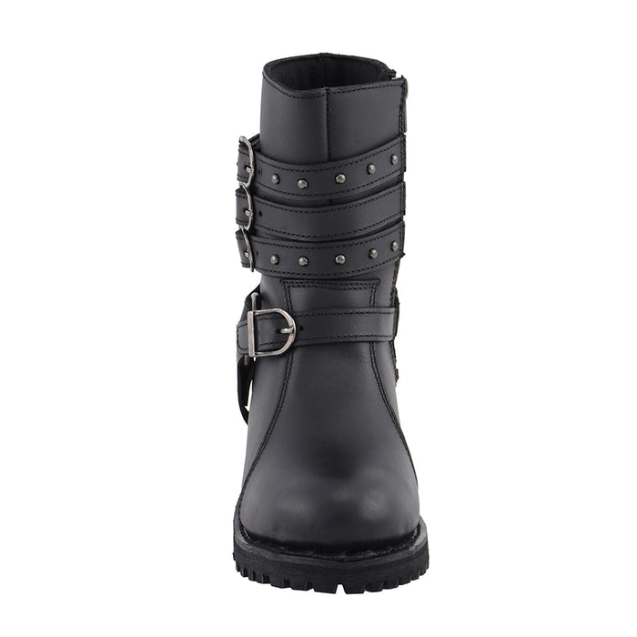 Women’s 9” Triple Buckle Leather Harness Boot W/ Side Zipper Entry