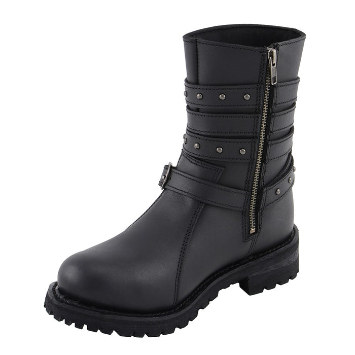 Women’s 9” Triple Buckle Leather Harness Boot W/ Side Zipper Entry