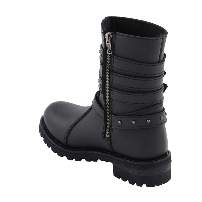 Women’s 9” Triple Buckle Leather Harness Boot W/ Side Zipper Entry