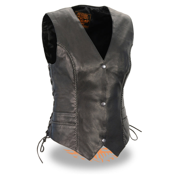 Women’s Black Lightweight Snap Front Vest w/ Thin Braiding Detail