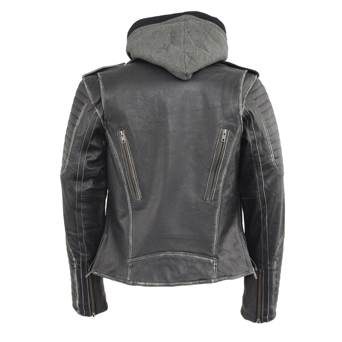 Women’s Black Rub-off M/C Jacket w/ Full Hoodie Jacket Liner