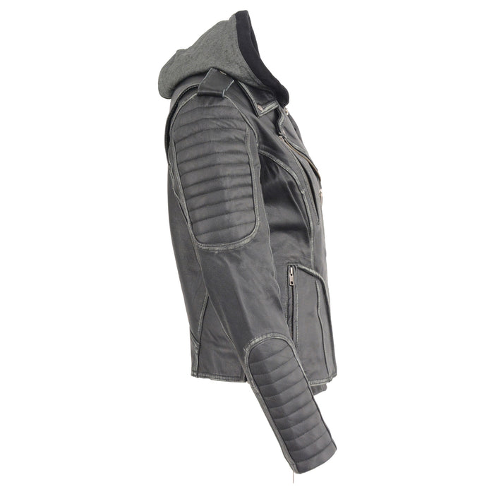Women’s Black Rub-off M/C Jacket w/ Full Hoodie Jacket Liner