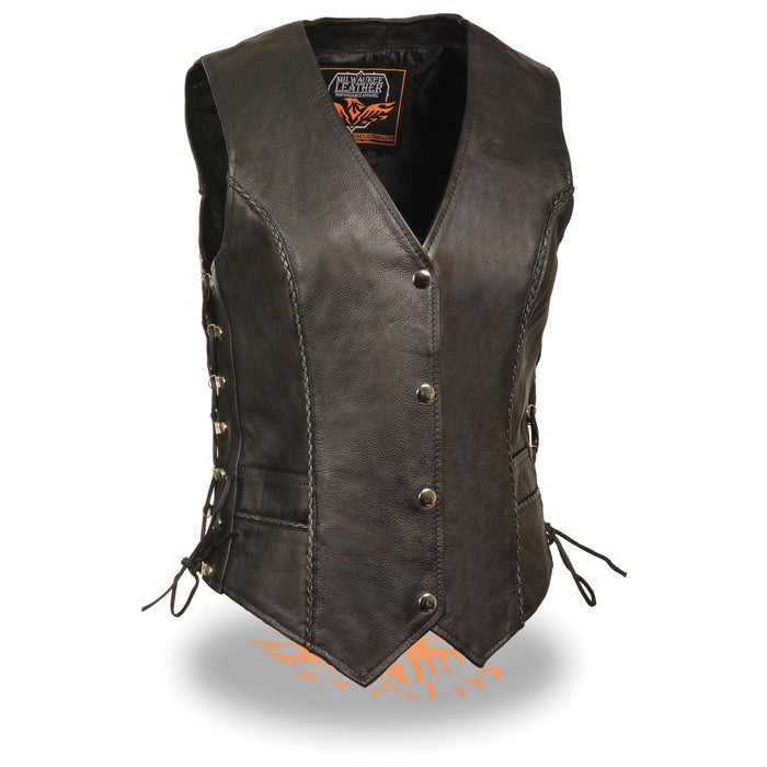 Women’s Black Snap Front Vest w/ Thin Braid