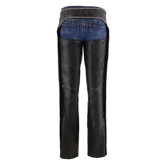 Women’s Leather Chaps w/Rhinestone Bling Details & D-Ring Accents