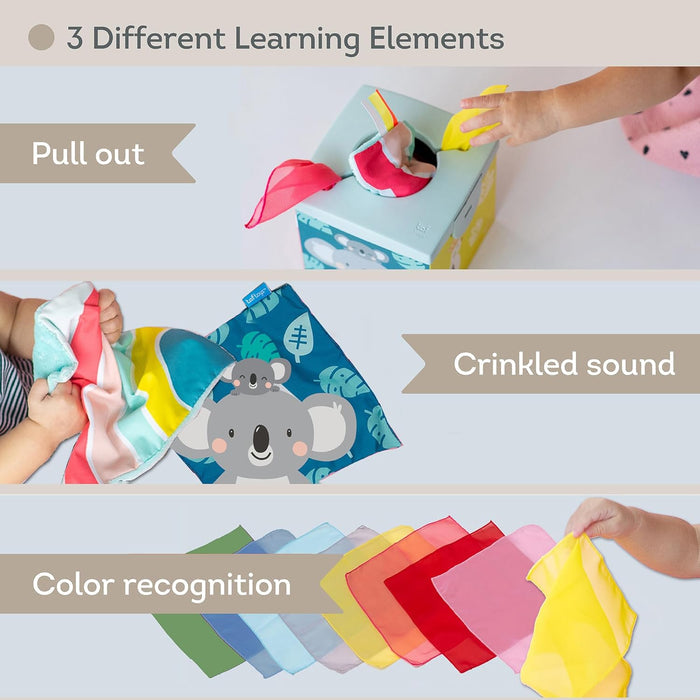 An infant toy featuring a tissue box with colorful scarves for pulling out, crinkled fabrics, and color recognition.