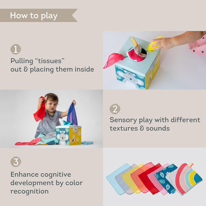 Infographic showing a baby playing with colorful fabric tissues and a square toy box decorated with animal prints.