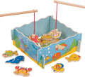 Wooden magnetic fishing game with two rods, a blue wooden tank, and colorful magnetic fish, crabs, and seahorses.