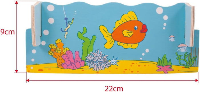 Blue wooden fishing pond piece with orange fish and coral illustrations, labeled with 22cm by 9cm dimensions.