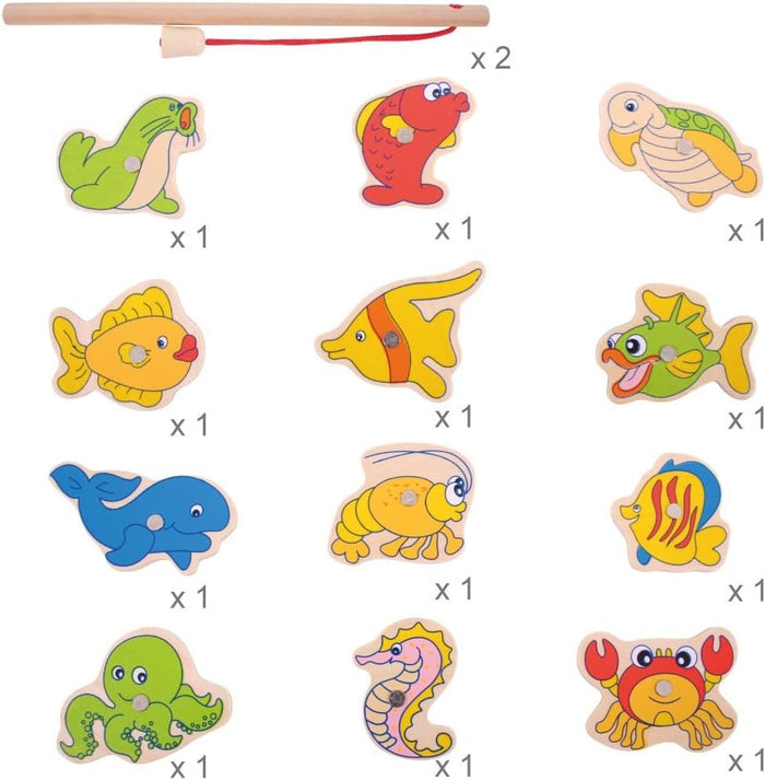 Wooden fishing rod and 12 colorful magnetic wooden sea animals including a whale, turtle, crab, and octopus.