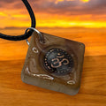 Wood square necklace with resign and Om symbol 18" adjustable necklace