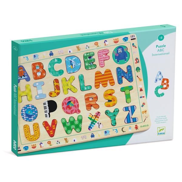 Djeco ABC International wooden puzzle box showing a colorful board with 26 illustrated alphabet letter pieces.