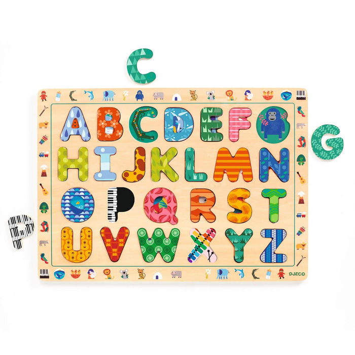 Colorful wooden alphabet puzzle with patterned uppercase letters A-Z and three loose pieces on a white background.
