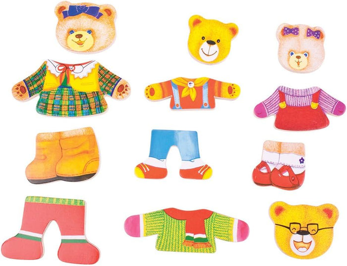 Wooden bear dress-up puzzle pieces including four bear heads and various colorful shirts, pants, and shoes.
