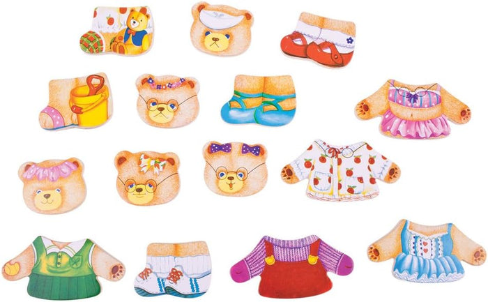 Fifteen wooden puzzle pieces featuring illustrated bear faces, colorful outfits, and patterned shoes for a dress-up game.