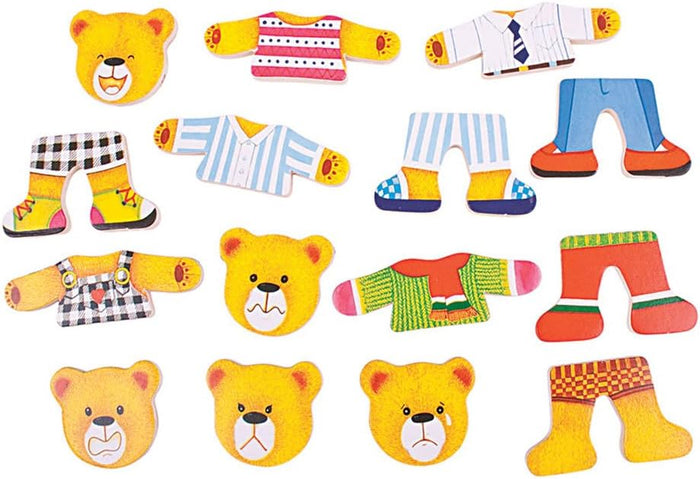 Wooden bear puzzle pieces featuring yellow faces with various expressions and colorful mix-and-match outfits.