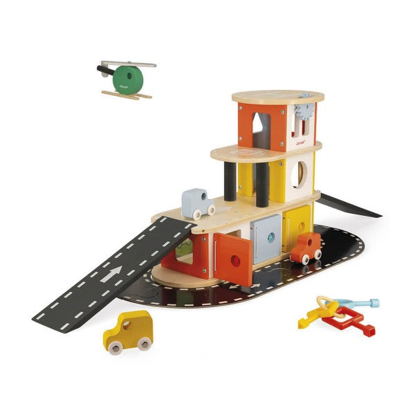 Multi-level wooden toy garage with three cars, helicopter, ramp, and unlocking keys on a white background.