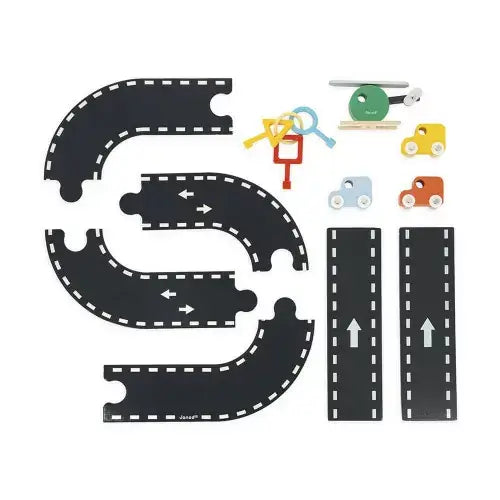 Black wooden road puzzle tracks with white markings, three colorful cars, a green helicopter, and three wooden keys.