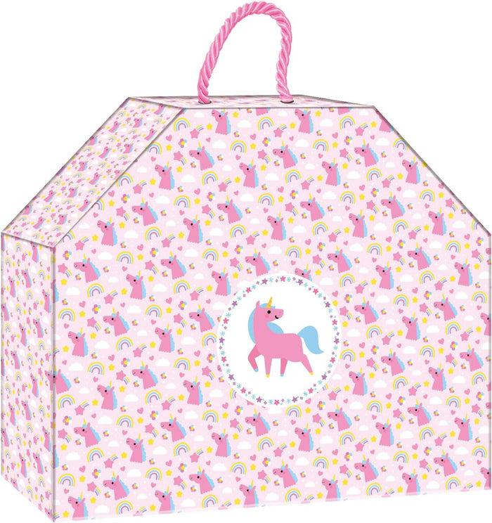 Pink house-shaped box with a rope handle and a pattern of unicorns, rainbows, clouds, and stars.