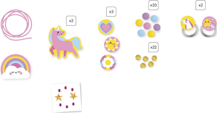 DIY jewelry kit with pink cord, unicorn and rainbow charms, colorful beads, gold beads, rings, and gem stickers.