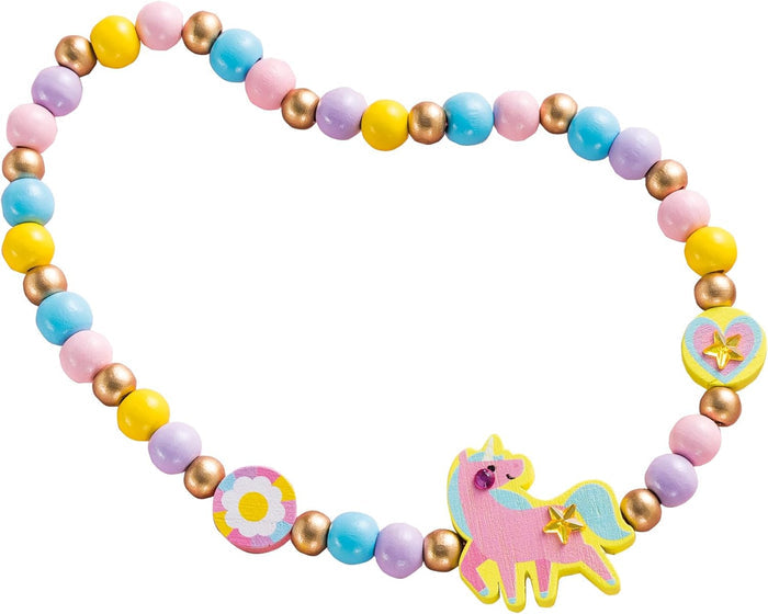Colorful wooden bead necklace with pastel and gold beads, featuring flower, unicorn, and star heart charms.