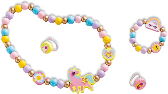 Wooden bead jewelry set featuring a unicorn necklace, rainbow bracelet, and two rings in pastel and gold colors.