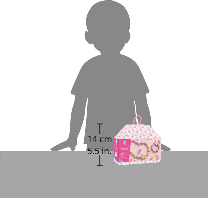 Pink house-shaped box with a handle and bead graphics, shown beside a child silhouette marking the 14 cm height.