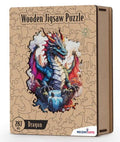 A wooden box for a dragon jigsaw puzzle showing a colorful blue dragon and intricate animal-shaped piece outlines.