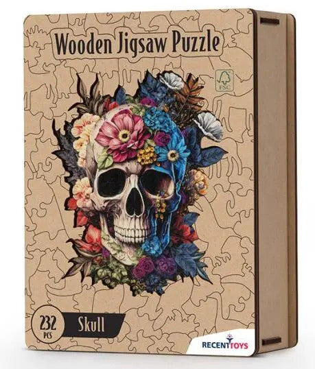 Wooden box for a skull jigsaw puzzle with 232 pieces, featuring vibrant floral artwork and intricate piece cutouts.