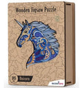 A wooden storage box for a 185-piece jigsaw puzzle featuring a colorful blue and purple patterned unicorn head.