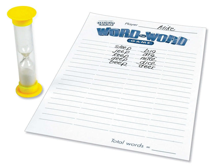 Yellow sand timer next to a scorepad with the Word for Word game logo and a handwritten list of simple words.