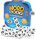 Blue zippered bag for Word Snap game with white gear-shaped letter tiles scattered in the foreground.