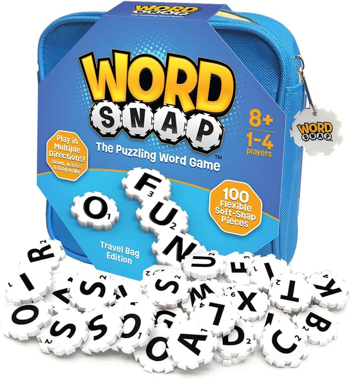 Blue zippered bag for Word Snap game with white gear-shaped letter tiles scattered in the foreground.