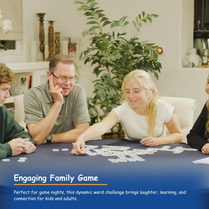Family playing a word game with white hexagonal letter tiles arranged in a grid on a blue tablecloth.