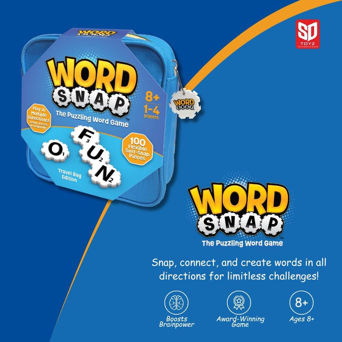 Blue Word Snap travel case featuring gear-shaped letter tiles spelling FUN and icons for ages 8 and up.