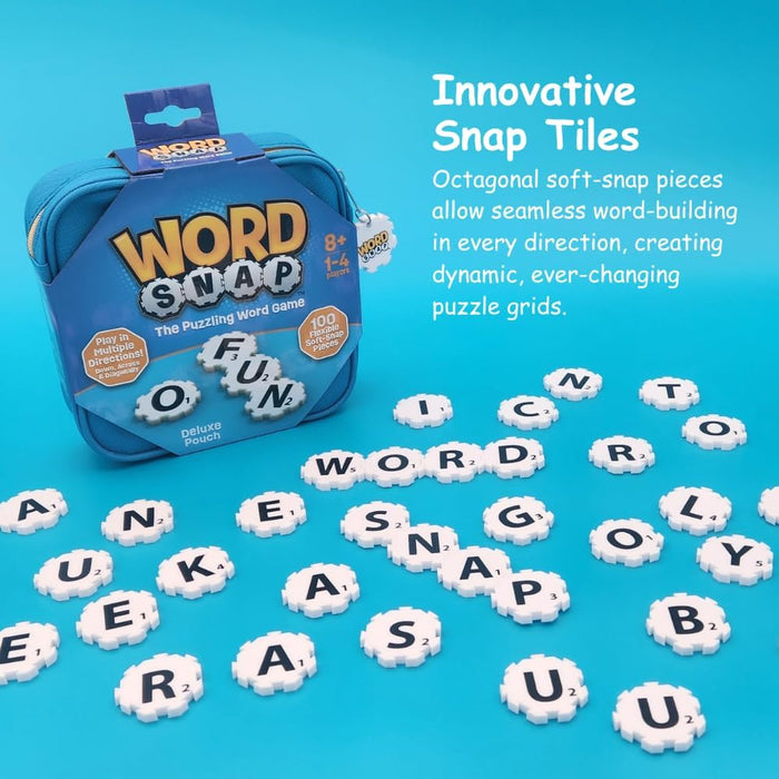 Blue zippered pouch and white octagonal snap-together letter tiles forming words on a blue background.