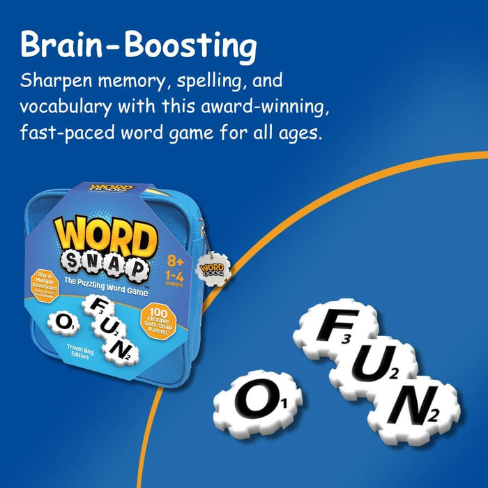 Word Snap travel game in a blue zippered case with white gear-shaped letter tiles on a blue background.