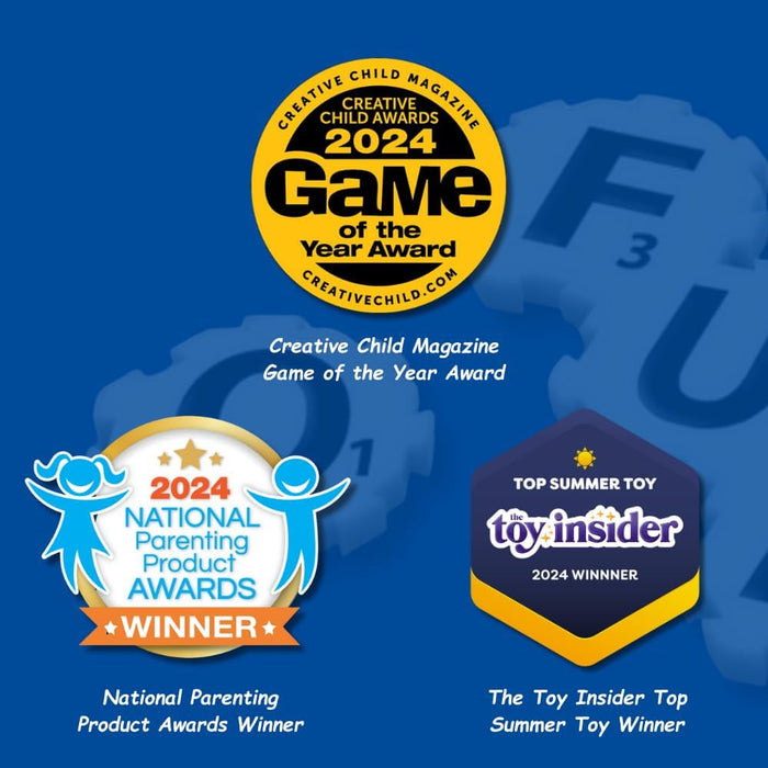 2024 award seals from Creative Child, National Parenting Product Awards, and Toy Insider on a blue background.