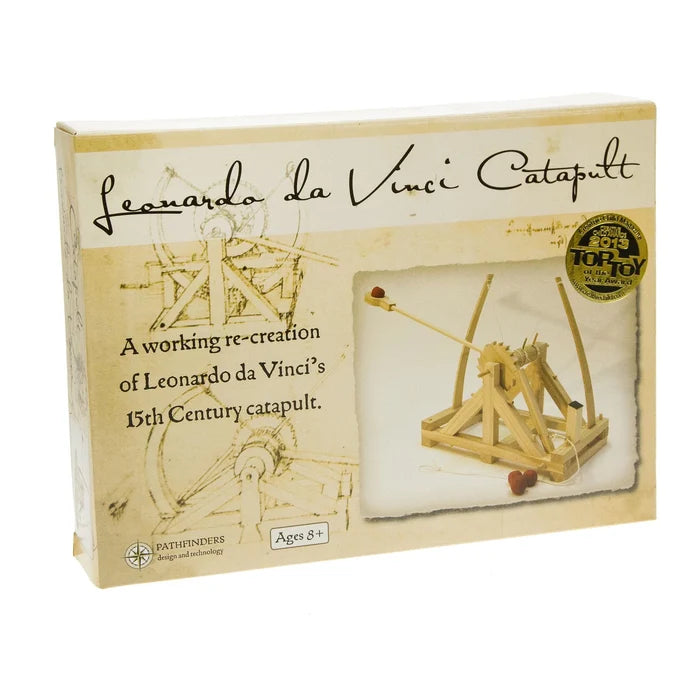 Tan box for a Leonardo da Vinci wooden catapult kit featuring a photo of the assembled toy and vintage sketches.