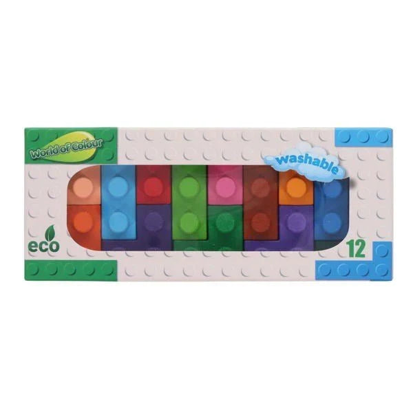 12 colorful brick-shaped crayons in a white box with a clear window, eco-friendly logo, and washable label.