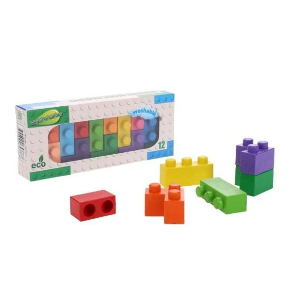 Twelve colorful building block-shaped crayons in a box and loose, including red, yellow, green, and purple pieces.