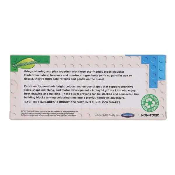 Back view of a cream crayon box with embossed circles, product information text, and a blue building block graphic.