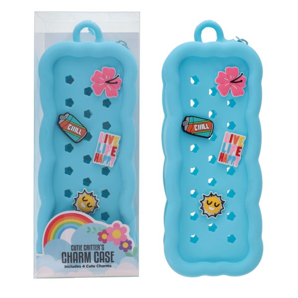 Light blue wavy silicone case with star holes and 4 charms: a flower, soda can, happy quote, and a smiling sun.