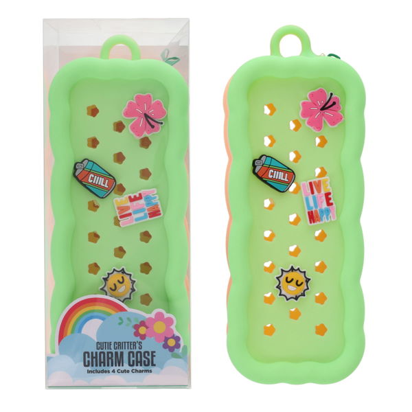 Lime green wavy silicone case with pink flower, CHILL soda can, sun, and text charms. Shown in and out of packaging.