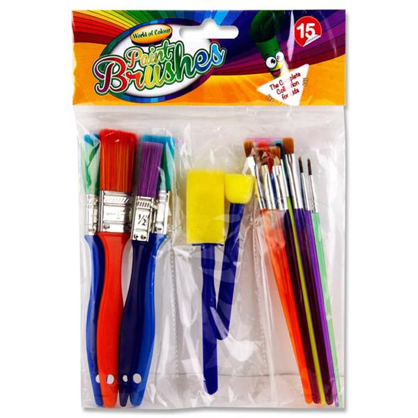 15-piece set of assorted paintbrushes and sponges with colorful handles in clear packaging with a rainbow header.