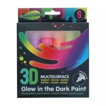 Packaging for a 6-pack of 3D glow in the dark multisurface paints featuring a colorful rainbow hand design.