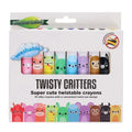 White box of 10 twistable crayons with cute animal character designs on each colorful barrel.
